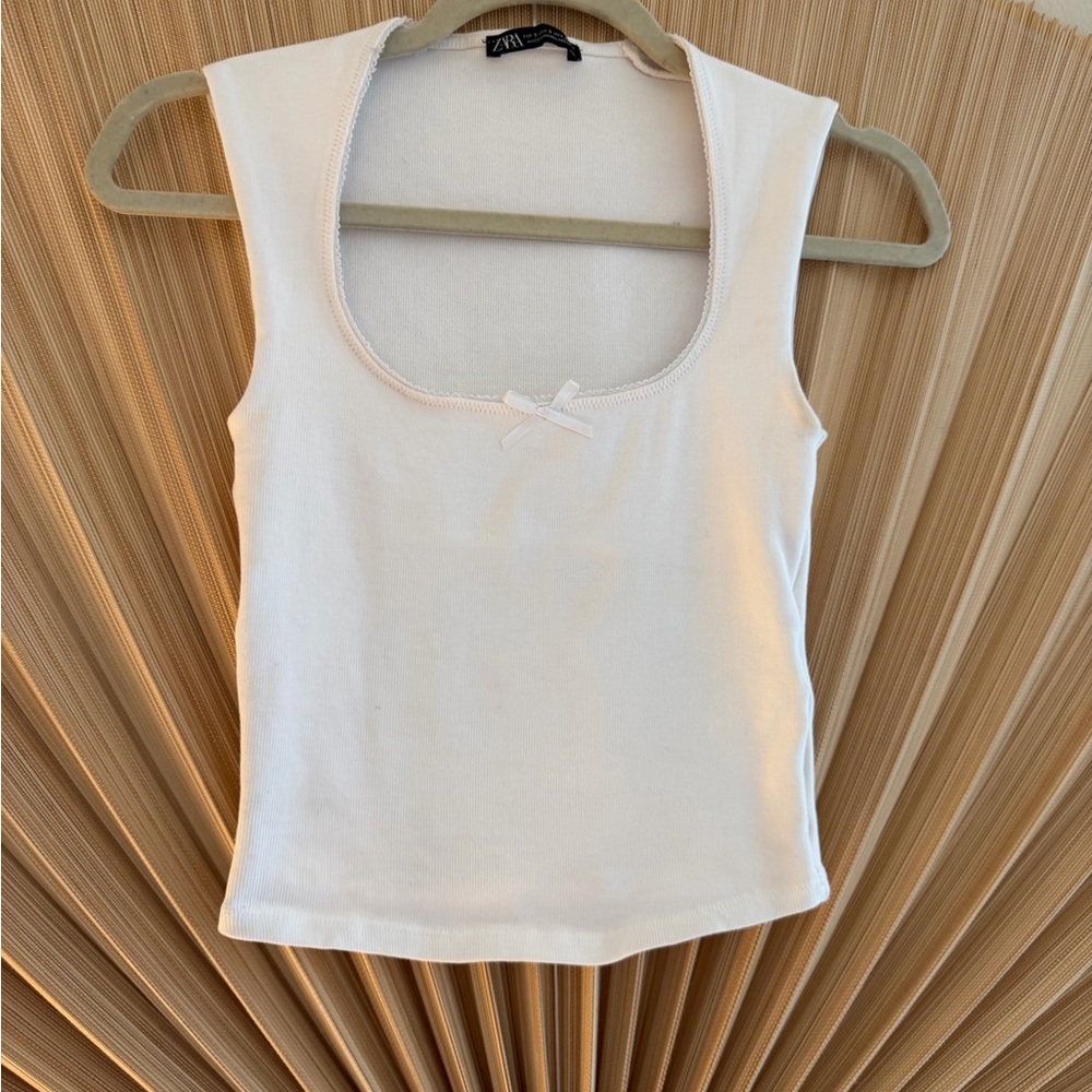 Zara Cream Scoop Neck Tank Top with Bow Accent